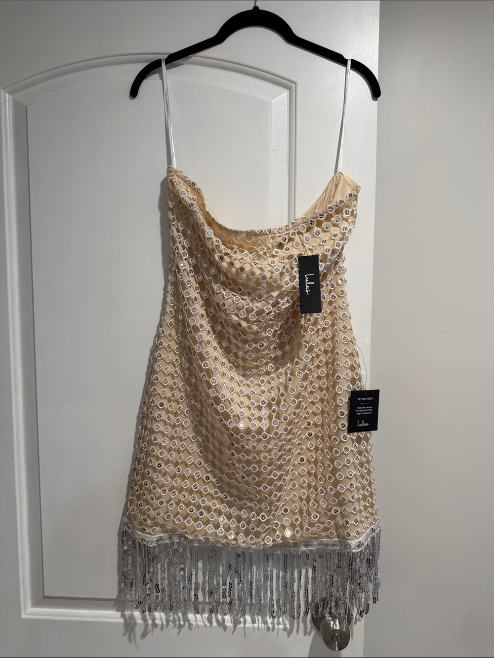 NWT - Lulus Suzie Beige Sequin Strapless Fringe Mini Dress - Size XL
